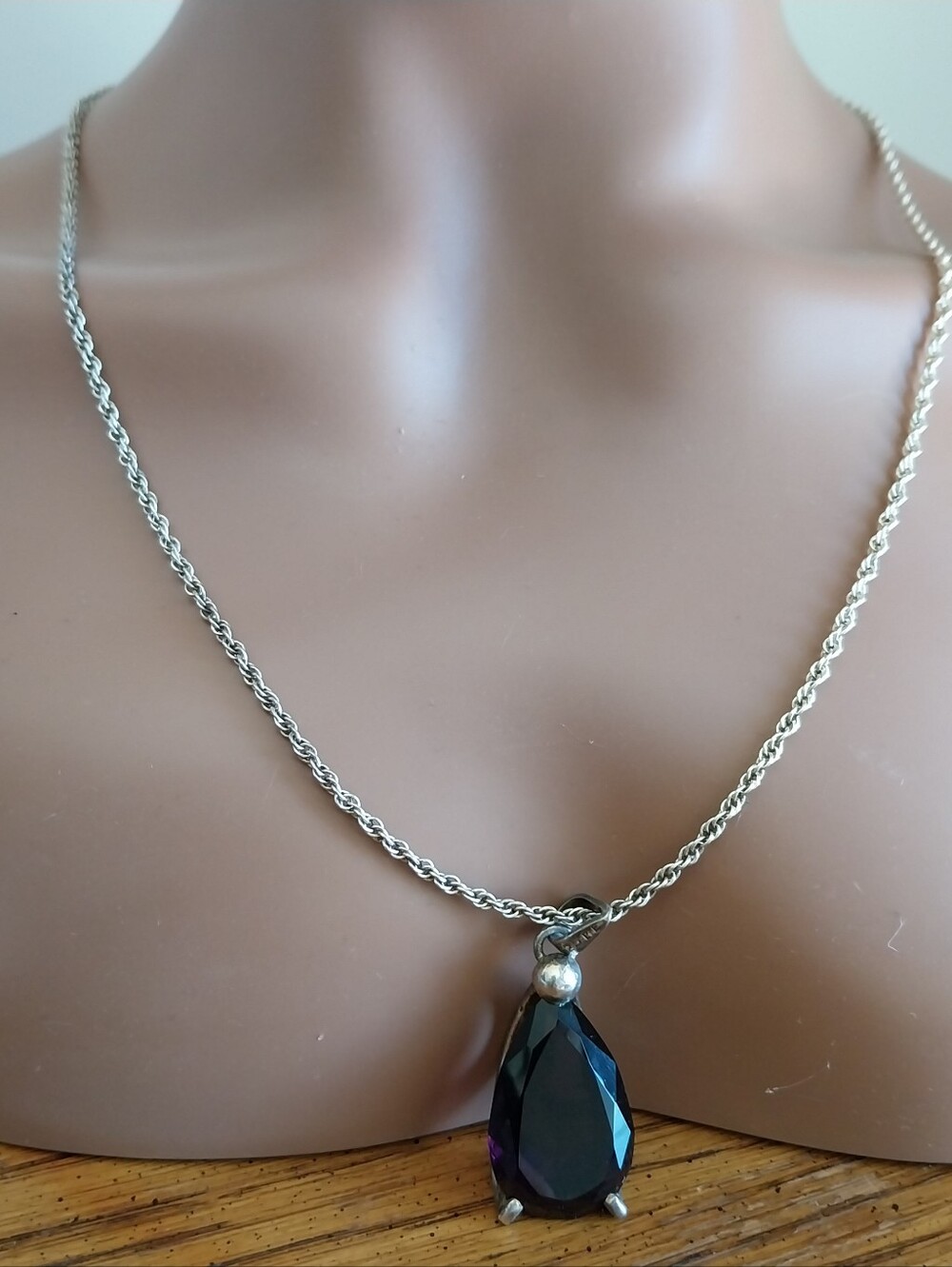 Vintage Silver Chain Necklace with Dark Purple Teardrop Pendant